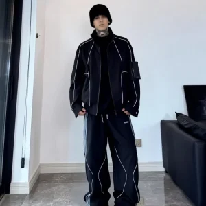 Men’s Printed Solid Nylon Tracksuit Windproof Jacket Wide Leg Track Pants 2 Piece Set Lightweight Windbreaker
