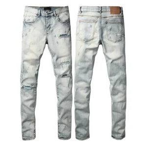 Men’s Punk Style Destroy Wash Denim Straight Leg Jeans Spandex Cotton Breathable Foil Printed Pattern Mid Waist Button Fly