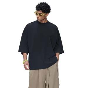 Men’s Pure Cotton Breathable Loose Fit Stand Collar for Sleeve 250G Solid Blank Design American Vintage T-shirt