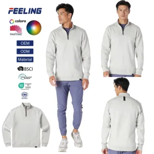 Men’s Quarter Zip Pullover Mock Neck Sportswear Antibacterial with Underarm Ventilation Rib Design for Office Casual OEM ODM