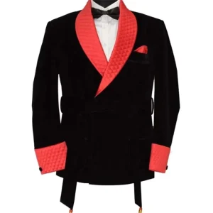 Men’s Quilted Black Velvet Blazer Smoking Jacket Regular Fit Belted