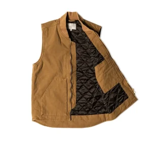 Men’s Quilted Lined Casual Jacket Vest with Rib Collar, Big Pockets, Canvas, Outdoor Work Wear