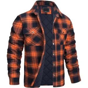 Men’s Quilted Lined Long Sleeve Plaid Flannel Jacket With Buckle Thick Coat