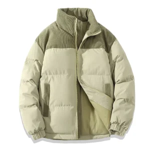 Men’s Quilted Winter Jacket Coat Padded Corduroy with Stand Collar Bread Zipper Pocket Thicken Warm Design for Men Women