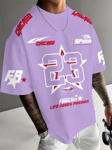 Men’s Racing-Inspired Graphic T-Shirt Loose Fit Breathable Summer Tee 100% Polyester Digital Print Chicago Speed 23 Number