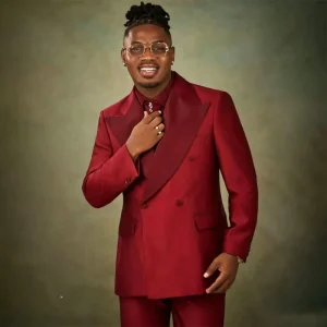 Men’s Red Double Breasted Peaked Lapel Straight Blazer 2 Piece Jacket Pants for Prom Party Costume