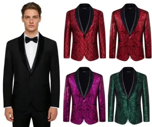 Men’s Red Green Pink Black Paisley Pattern Single Breasted Beaded Party Blazer Suit Jacket with Lapel