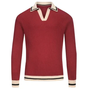 Mens Red Vintage Knitwear with Ribbed Cuffs Men’s Crewneck Sweater