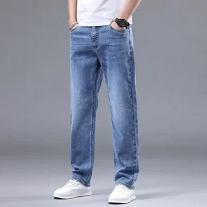 Men’s Relaxed Fit Straight Leg Blue Jeans Washed Stretch Casual Trousers