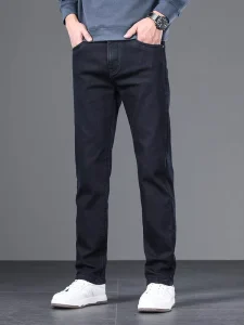 Men’s Relaxed-Fit Straight-Leg Blue Jeans Washed Stretch Casual Trousers