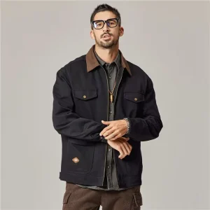 Men’s Retro Jacket Workwear With Zipper Closure Heavyweight Washed Outwear for Spring and Autumn