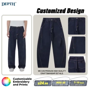 Men’s Retro Line Machete Jeans Long Pants Wide Leg Waxed Denim 100% Cotton Solid Mid Medium Quick Dry ODM Casual for Spring