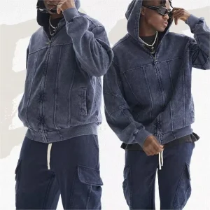 Men’s Retro Zipper Hoodie Jacket Heavyweight Wash Cardigan Autumn Street Trendy Jogging Set Custom Tracksuit