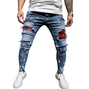 Men’s Ripped Jeans Holes Zipper With Paint Slim Stretch Pencil Long Pants for Men Europe Style Casual Jeans