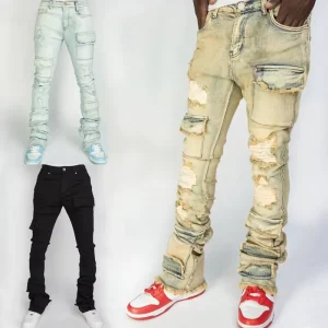 Men’s Ripped Jeans Slim Fit Multi Pocket Pants Stacked Flare Denim Jeans Retro Color Stone Wash Denim Jeans Men’s Stretch
