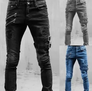 Men’s Ripped Jeans Washed Patch Slim Fit Thin Stretch Skinny Denim Pant Streetwear With Hole