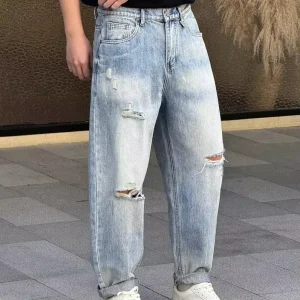 Men’s Ripped Washed Perforated Summer Fall Casual Vintage Loose Wide Leg Jeans Direct Sale