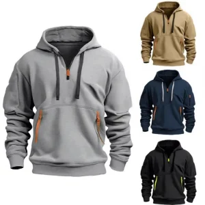Men’s S-5XL Sports Casual Hooded Pullover Jacket Multi-Pockets Zipper Solid Fleece Anti-Pilling Loose Fit Sweatshirt Hoodie
