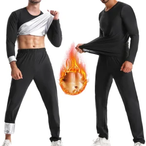Men’s Sauna Sweat Suit Thermal Long Sleeve and Long Pants Set Ribbed Crew Neck Heat-Trapping Gym Workout Activewear