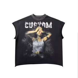 Men’s Screen Printing Acid Wash T shirt Custom Graphic Print Cotton Heavyweight Extra Large Boxy Vests for Men