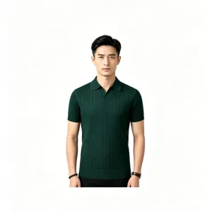 Men’s Seagull Collar Knitted Polo Shirt Cotton Breathable Business Casual Short Sleeve Premium V Neck Top