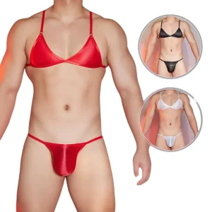 Men’s Sexy Breathable High Stretch Silk Satin Bra Thong Bikini Set Underwear for Gay’s