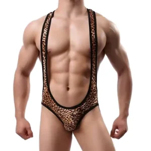 Men’s Sexy Leopard Printed Bodysuit Plus Size Men’s Trendy Casual Backless Deep V Suspenders Sleeveless Hollow Out Bodysuit