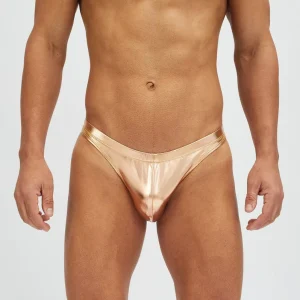 Men’s Sexy Swimwear Bikini Thong Opulent Silver Chrome Finish Premium Comfort Support White Internal Drawstrings Plus Size