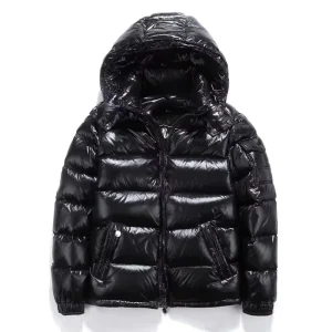 Men’s Shiny Black Hooded Down Puffer Jacket Winter Warm Quilted Padded Coat with Detachable Hood