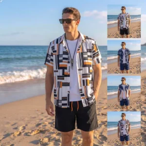 Men’s Shirt Set Outdoor Casual Sportswear Short Sleeve Summer Loose Comfortable Breathable Print