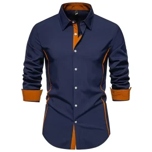 Men’s Shirts Slim Fit Patchwork Design Lapel Neck Long Sleeve Breathable Shirts