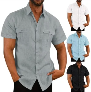 Men’s Short Sleeve Custom Linen Shirt for Men Chemise Homme Camisas White Men’s Shirts