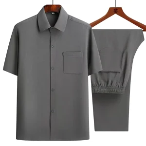Men’s Short Sleeve Shirt + Long Pants 2 Piece Set Lapel Button Solid Color Breathable Casual Suits