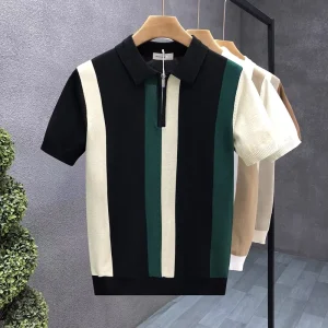 Men’s Short Sleeve Solid Knitwear Half Zip Collar Slim Fit Breathable Moisture-Wicking British Business Casual Sweater