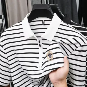 Men’s Short-sleeved Striped Embroidered Summer Casual Zipper POLO Shirt with Collar and Golf Top Style Shirt