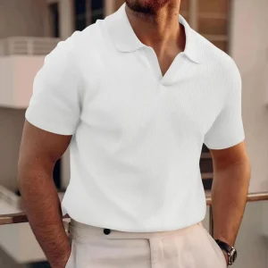 Men’s Short sleeved T shirt Formal Turtleneck Waffle Design Breathable Eco Friendly Polyester Cotton Knitted Fabric