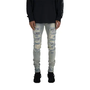 Men’s Skinny Fit Distressed Ripped Jeans Light Blue Denim With Heavy Destruction