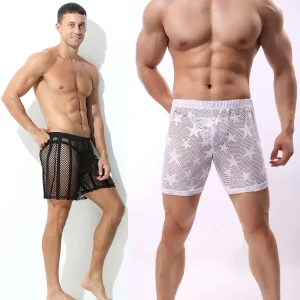Mens Sleep Shorts Breathable See Through Fishnet Boxer Briefs Transparent Mesh Underwear Hollow Lingerie Black Shorts