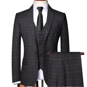 Men’s Slim Dress Three Piece Suits Set Notched Collar Button Fly Pants Breathable for Adults