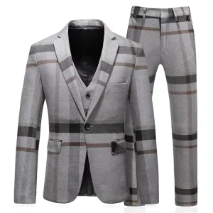Men’s Slim Fit Blazer Suits Men’s Check Blazer Set Three-piece Office Suit Men’s Wedding Formal