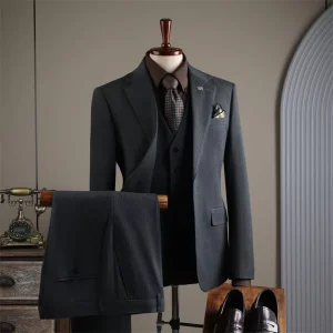 Men’s Slim Fit Breathable Anti Wrinkle Business Formal Suits for Weddings Events Black Worsted Fabric 100% Polyester Single