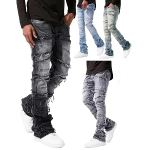 Men’s Slim Fit Denim Jeans With Medium Stretch Water Washed Hand Sanded Style Mid Rise Straight Leg Cotton Blend Black Grey