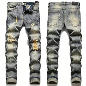 Men’s Slim Fit Denim Pants Custom Printed Torn Jeans
