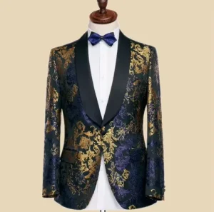 Men’s Slim Fit Floral Tuxedo Dress Single Breasted Blazer Zipper Fly for Weddings Parties Business Suits Jacket
