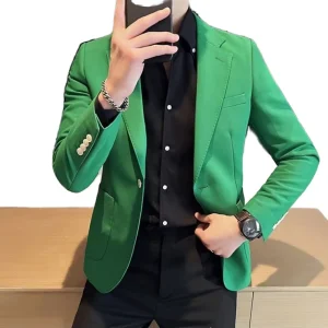 Men’s Slim Fit Green Blazer Jacket Bright Grass Green Suit Coat with Contrast White Buttons for Party Prom Vibrant Kelly