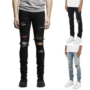 Men’s Slim Fit High Street Fashion Jeans Knee Damaged Denim Patch s High Stretch Gray Youth Men’s Slim Pants