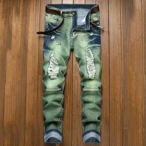 Men’s Slim Fit Jeans Trendy Distressed Washed Denim Pants High Street Youth Hole Jeans No Belt