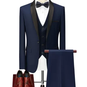 Men’s Slim Fit Three Piece Wedding Suit One Button Double Prong Single Breasted Classic Formal Business Blazer Worsted Fabric