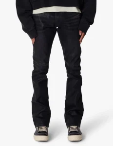 Men’s Slim Flare Black Waxed Denim Jeans Streetwear Stacked Casual Pants