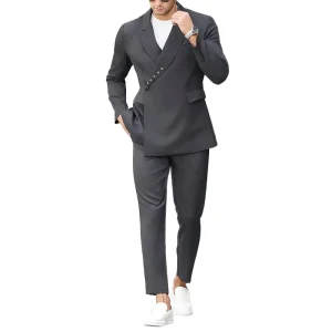 Men’s Slim High Quality Breathable Anti-Wrinkle Wedding Banquet Host Black V-neck Fashion Buckle Naples Drape Pants Suits Dual